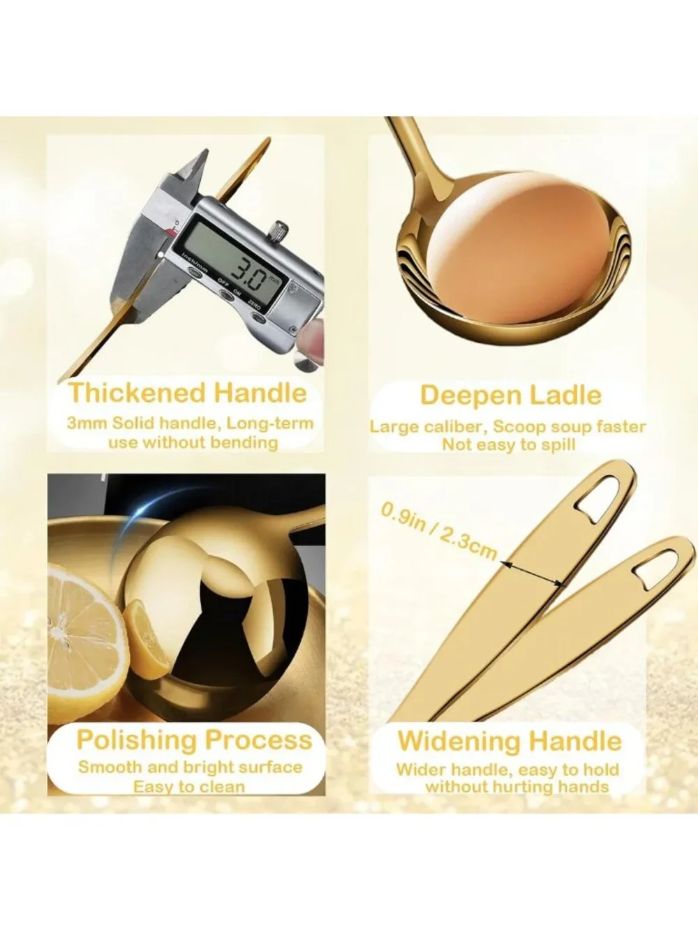 2Pcs Gold Stainless Steel Soup Ladles - Long Handle Serving Spoons for Cooking